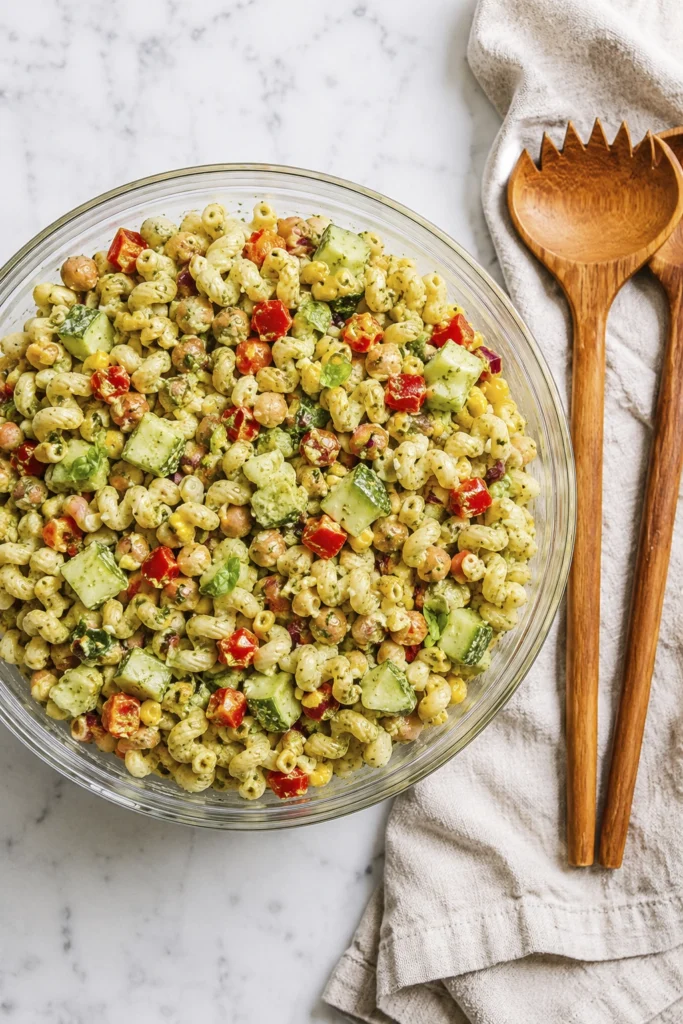 Overhead view of creamy pesto chickpea pasta salad with cucumber, red bell peppers, chickpeas, and wooden salad servers beside a glass bowl.