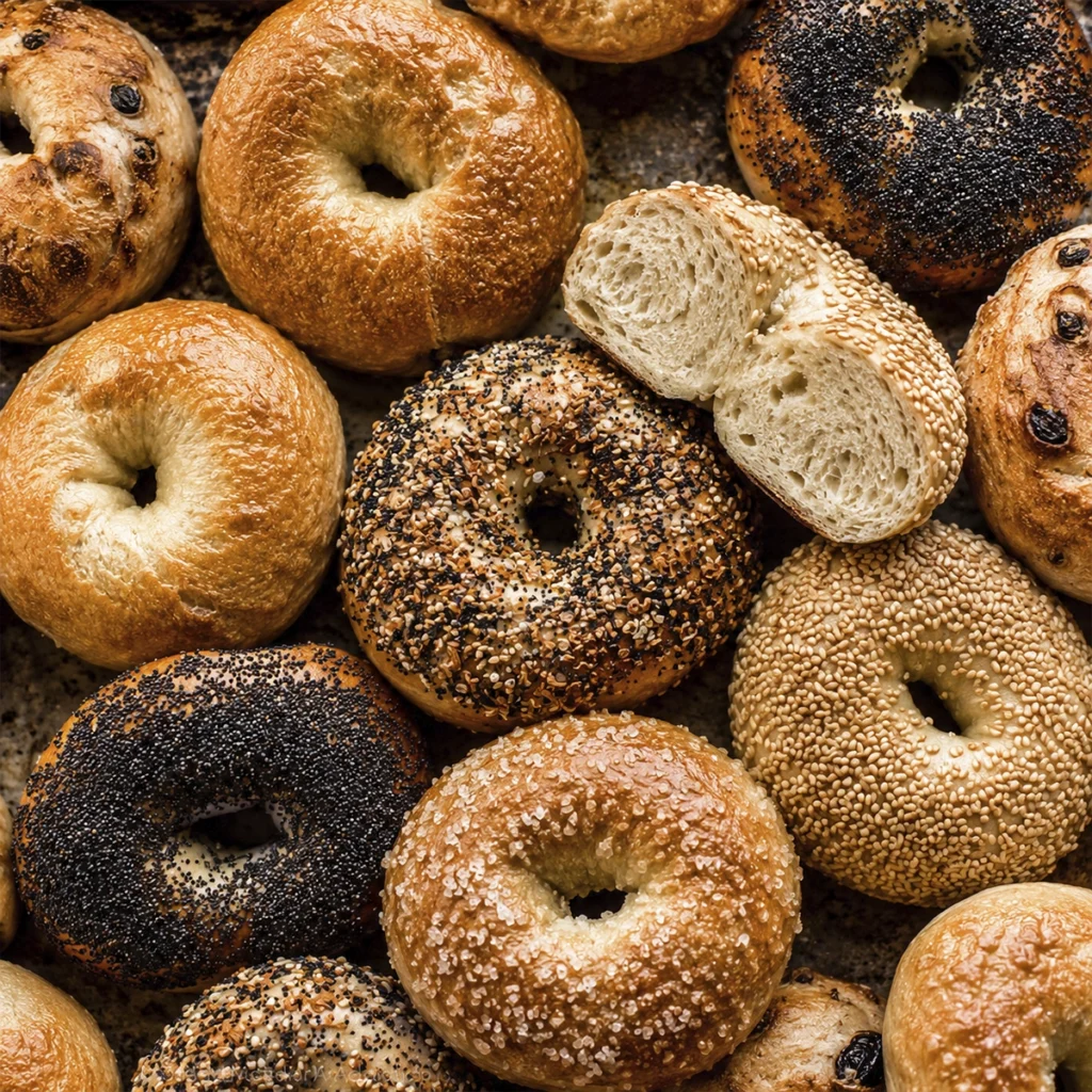 Overhead view of assorted freshly baked artisan bagels including plain, sesame, poppy seed, and everything bagels with golden crusts.