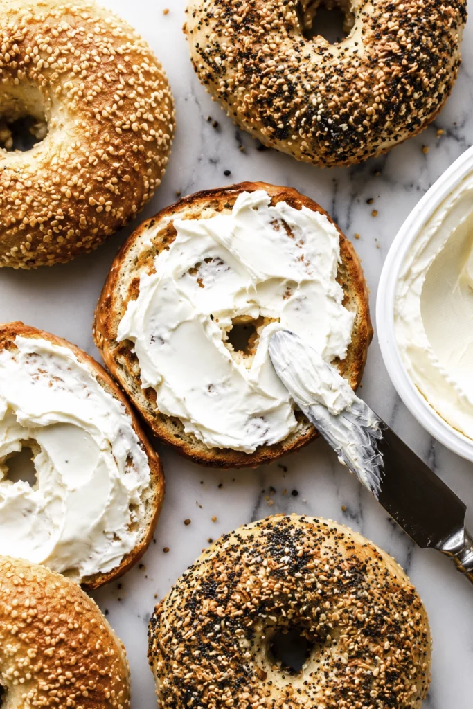 Freshly baked homemade sourdough bagels with sesame and everything seasoning, sliced to reveal a soft and chewy interior.