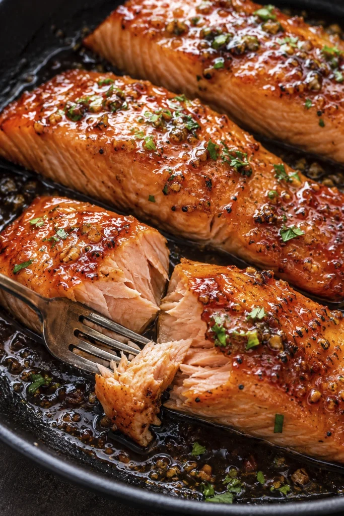 Close-up of juicy honey garlic chicken breasts coated in a rich buttery glaze and garnished with fresh parsley.