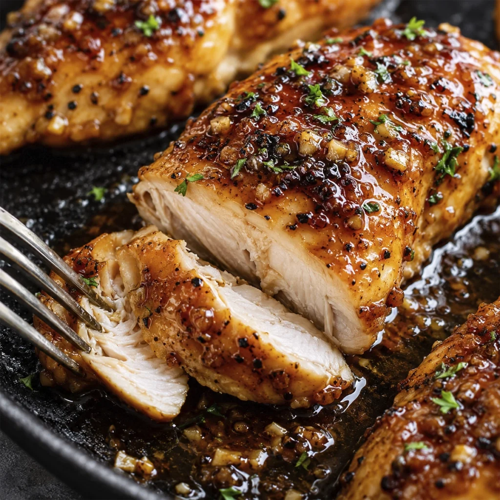 Close-up of flaky honey garlic glazed salmon in a skillet with a fork lifting a tender bite from the caramelized fillet.