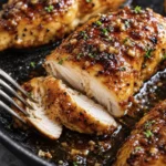 Close-up of flaky honey garlic glazed salmon in a skillet with a fork lifting a tender bite from the caramelized fillet.