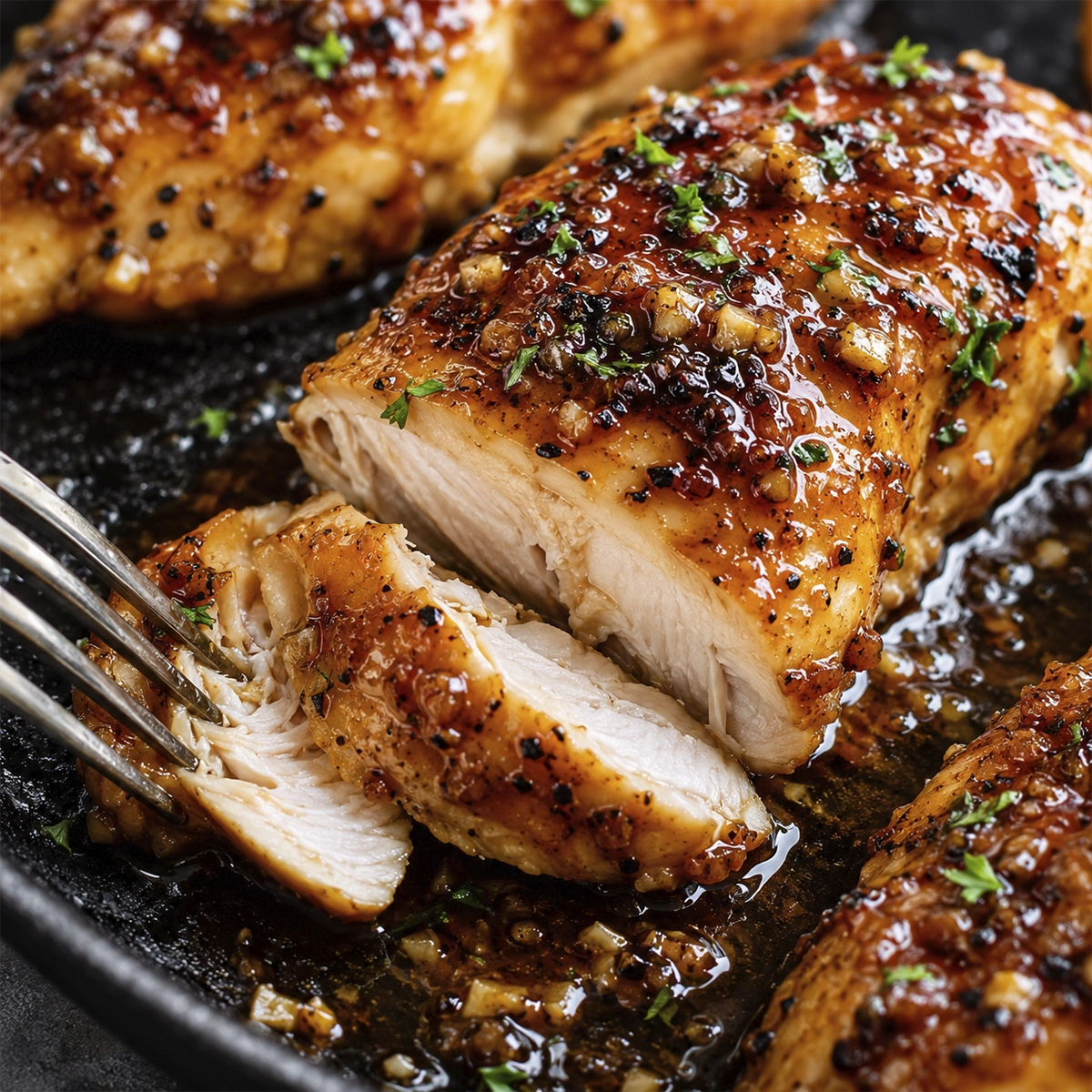 Close-up of flaky honey garlic glazed salmon in a skillet with a fork lifting a tender bite from the caramelized fillet.