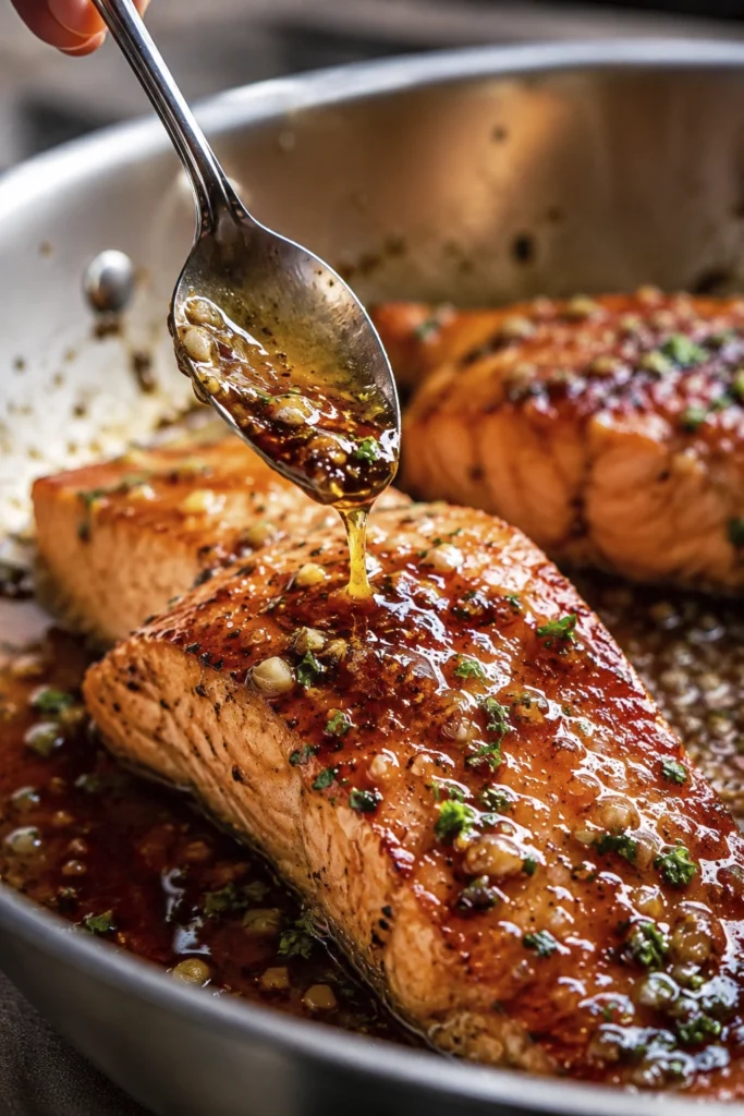 Spoon drizzling honey garlic glaze over perfectly seared salmon fillets in a skillet with a rich caramelized sauce.
