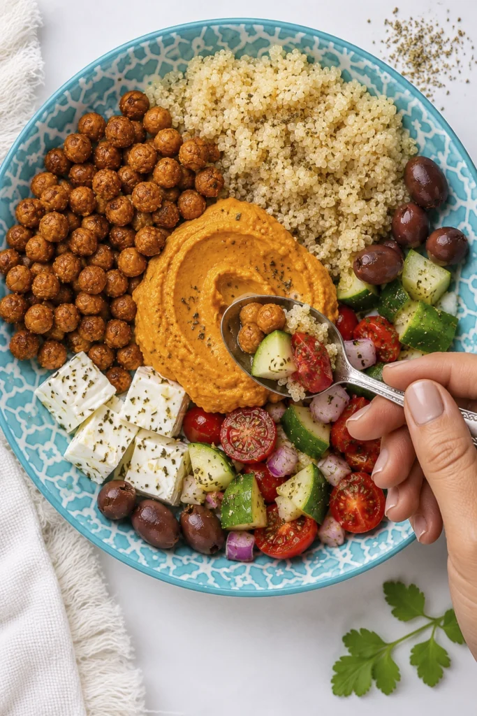 Top-down view of a Mediterranean quinoa bowl with hummus, roasted chickpeas, feta cheese, fresh vegetables, olives, and a hand holding a spoon taking a bite.