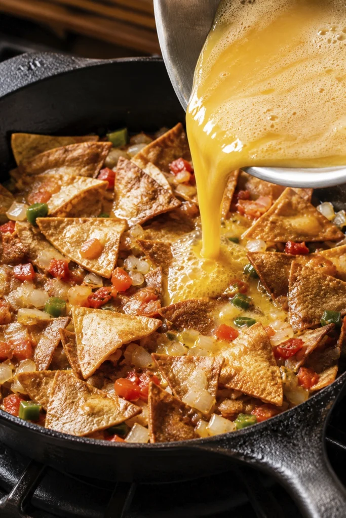 Beaten eggs being poured into a skillet with crispy tortilla strips, onions, tomatoes, and jalapeños to make authentic Mexican migas.