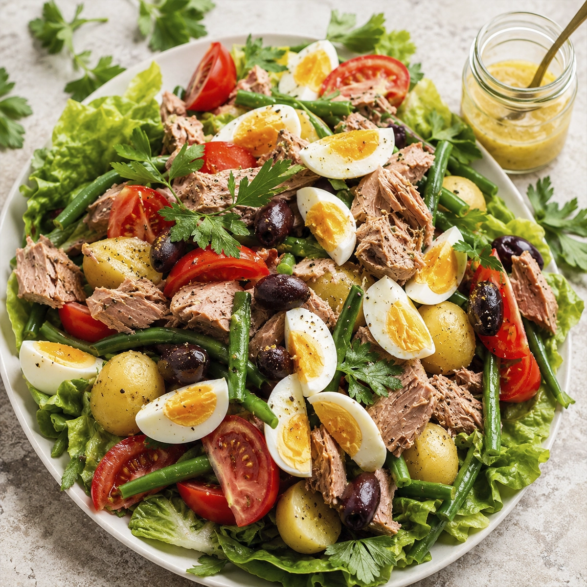 Fresh French Niçoise salad with tuna, baby potatoes, green beans, soft-boiled eggs, tomatoes, olives, lettuce, and Dijon vinaigrette on a white serving plate.