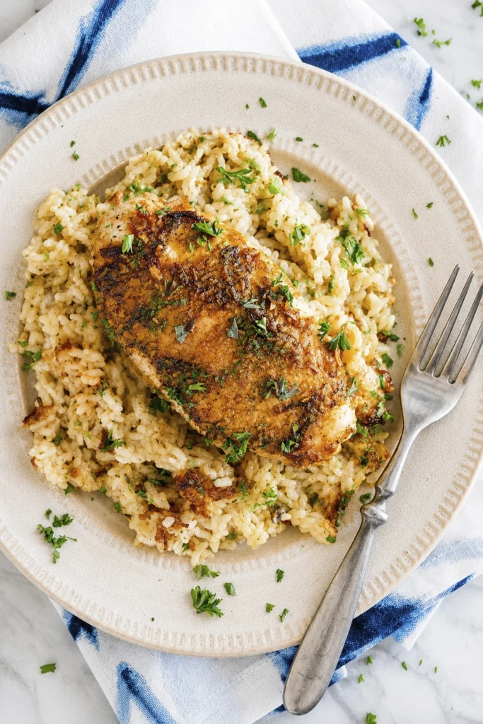Plated creamy baked chicken breast served over seasoned rice with parsley garnish on a rustic ceramic dinner plate.