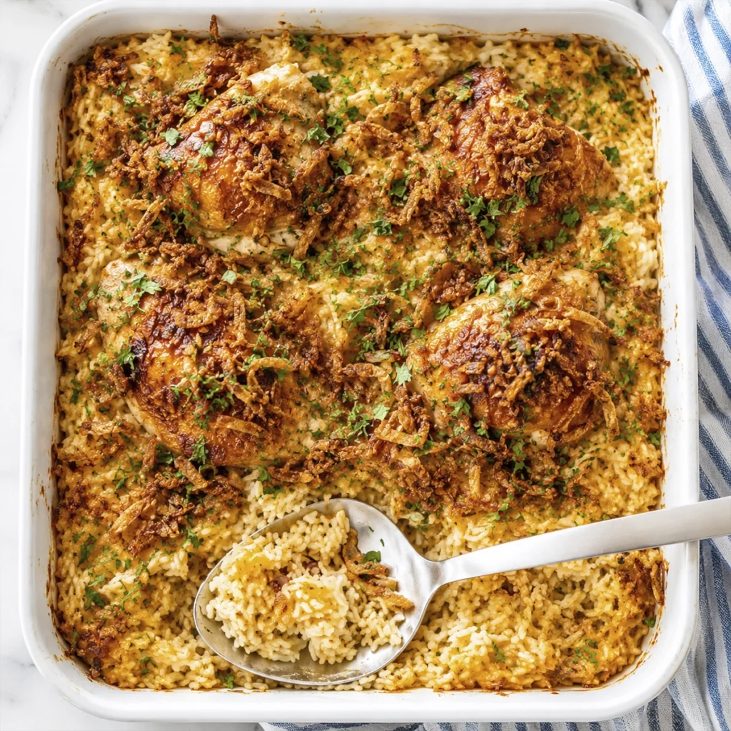 Overhead view of creamy baked chicken and rice casserole with crispy fried onions, melted cheese, and fresh parsley in a white baking dish.