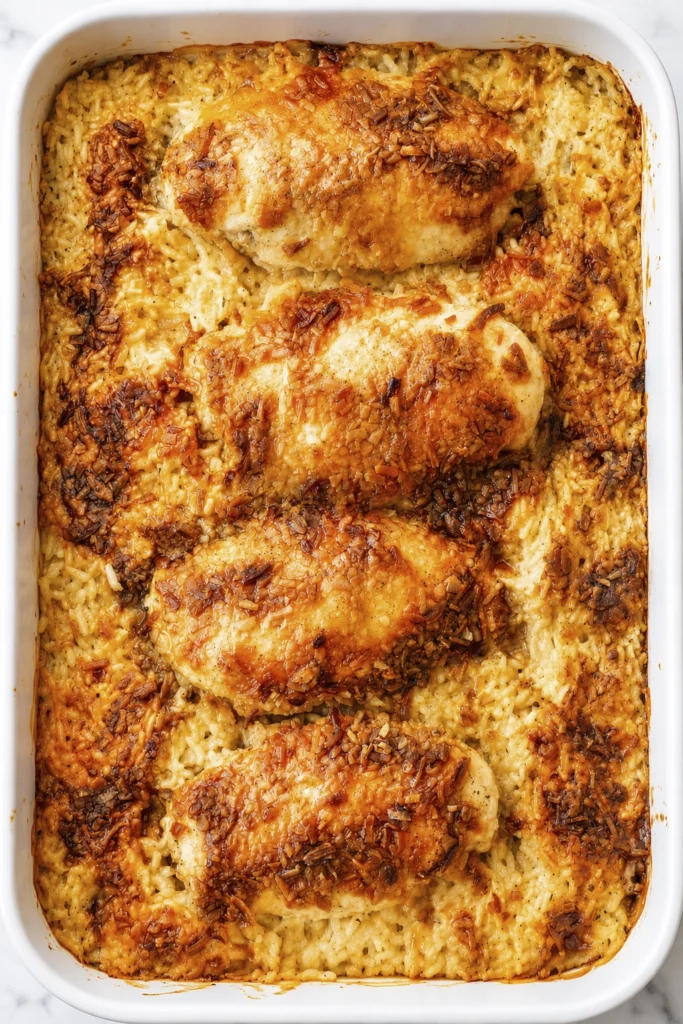 Creamy baked chicken and rice casserole topped with melted golden cheese and baked in a white ceramic casserole dish.