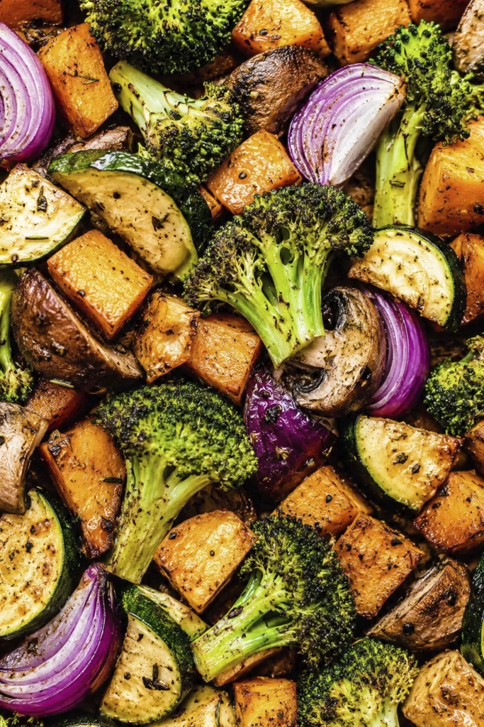 Colorful roasted vegetables featuring broccoli, butternut squash, sweet potatoes, zucchini, mushrooms, and red onions roasted until caramelized.