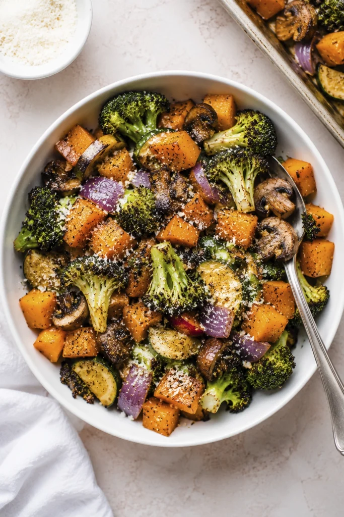 Overhead view of a roasted vegetable bowl with broccoli, butternut squash, zucchini, red onions, and parmesan cheese in a white bowl.