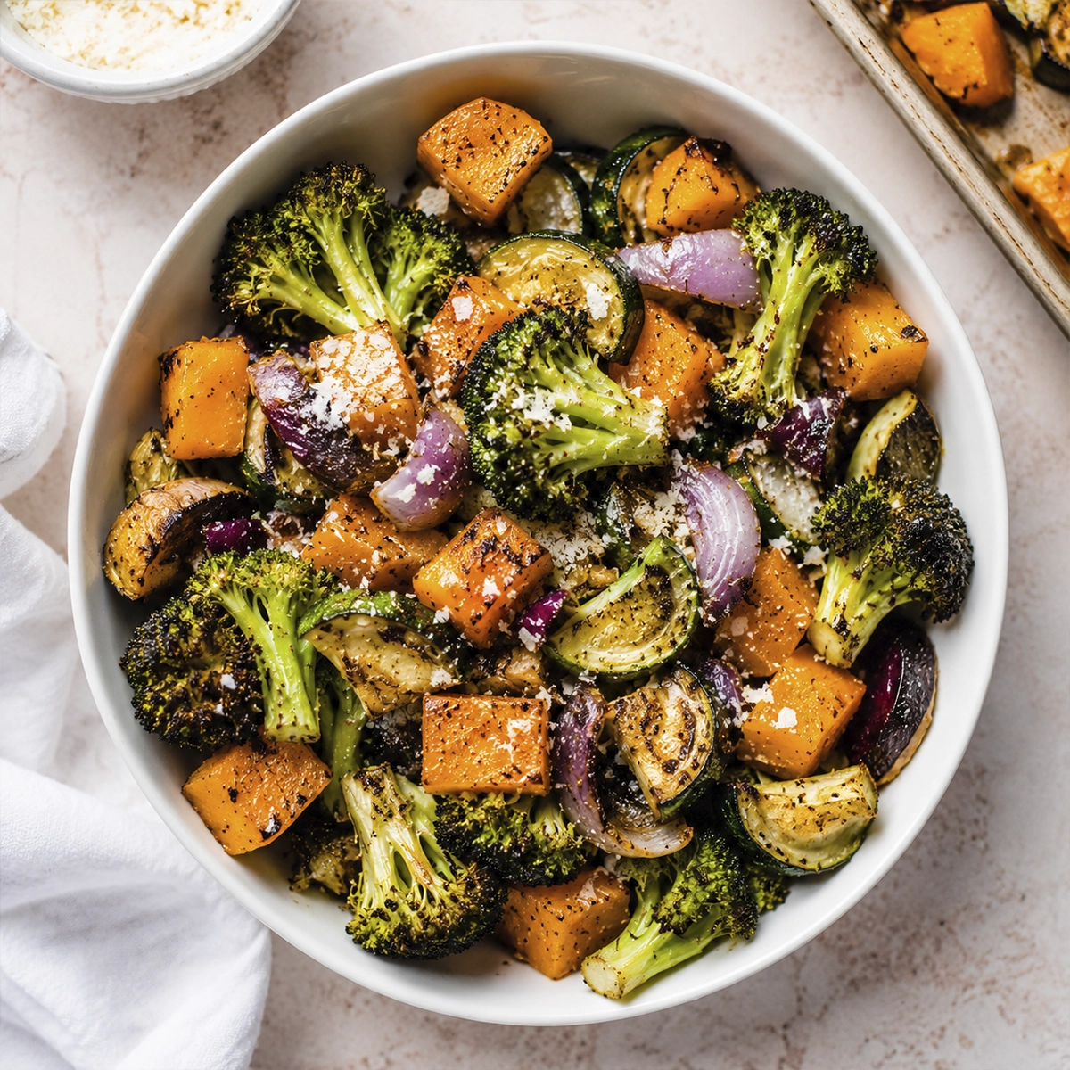 White bowl filled with roasted broccoli, butternut squash, zucchini, mushrooms, red onions, and Parmesan cheese served as a healthy vegetable side dish.