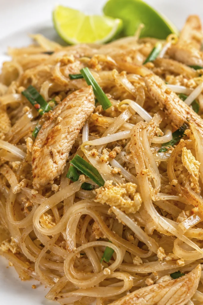 Close-up of authentic Chicken Pad Thai with rice noodles, sliced chicken, scrambled eggs, bean sprouts, garlic chives, crushed peanuts, and fresh lime.
