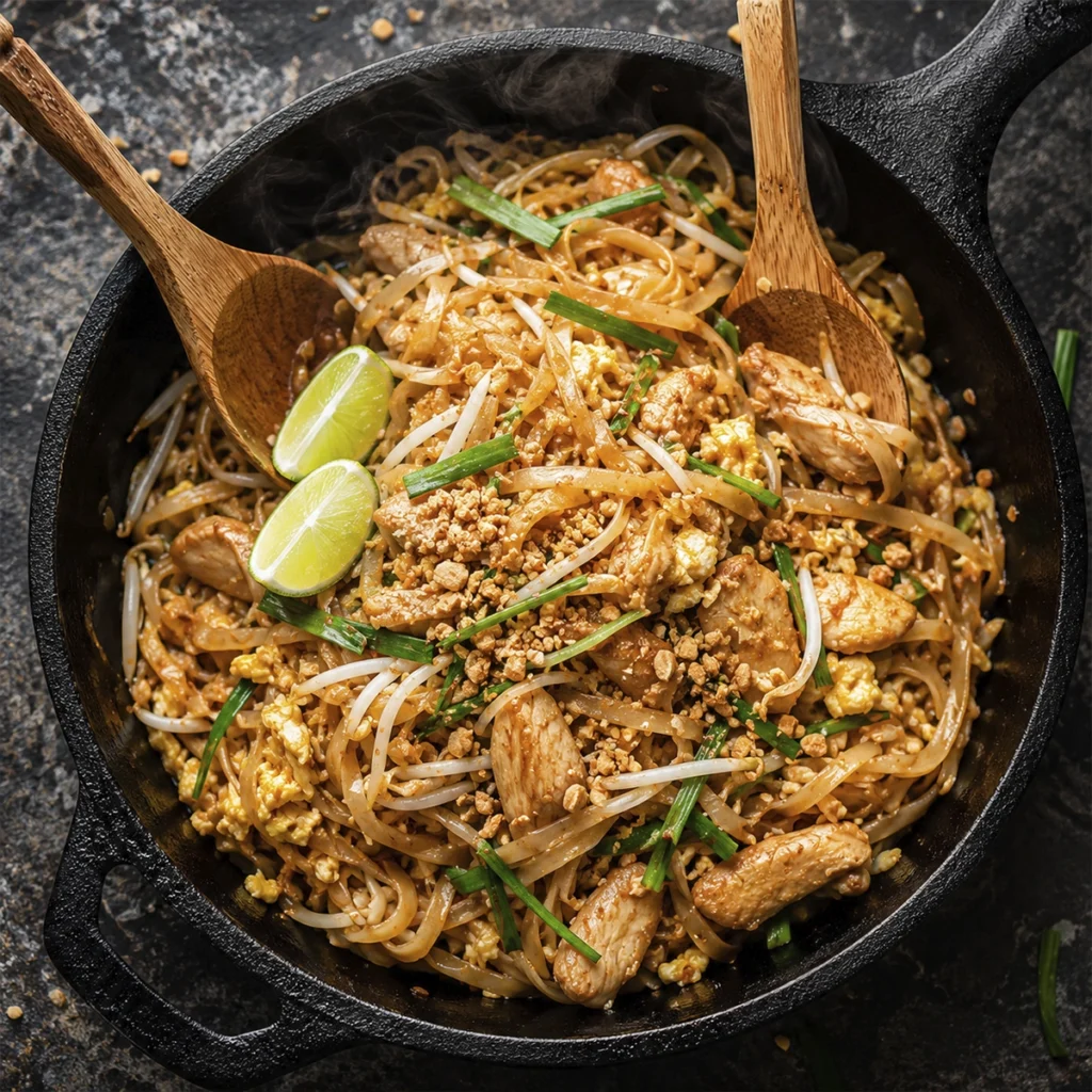 Authentic Thai chicken Pad Thai with rice noodles, scrambled egg, peanuts, bean sprouts, garlic chives, and fresh lime wedges served in a cast iron skillet.
