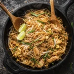 Authentic Thai chicken Pad Thai with rice noodles, scrambled egg, peanuts, bean sprouts, garlic chives, and fresh lime wedges served in a cast iron skillet.
