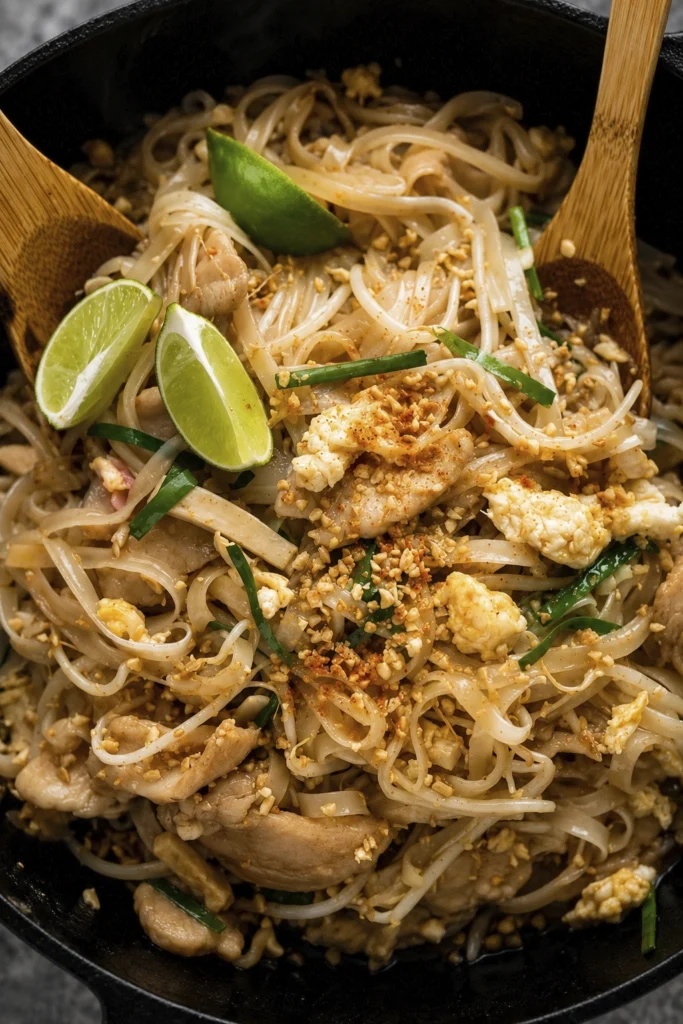 Overhead view of authentic Chicken Pad Thai with rice noodles, chicken, scrambled eggs, bean sprouts, crushed peanuts, garlic chives, and lime wedges served in a cast iron skillet.
