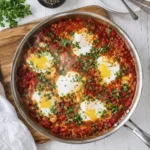 Authentic shakshuka with poached eggs in a rich tomato sauce, topped with fresh parsley and served in a skillet.