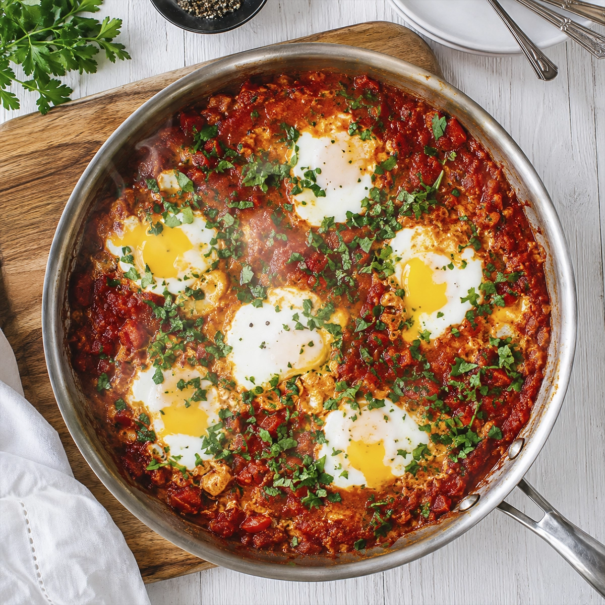 Authentic shakshuka with poached eggs in a rich tomato sauce, topped with fresh parsley and served in a skillet.