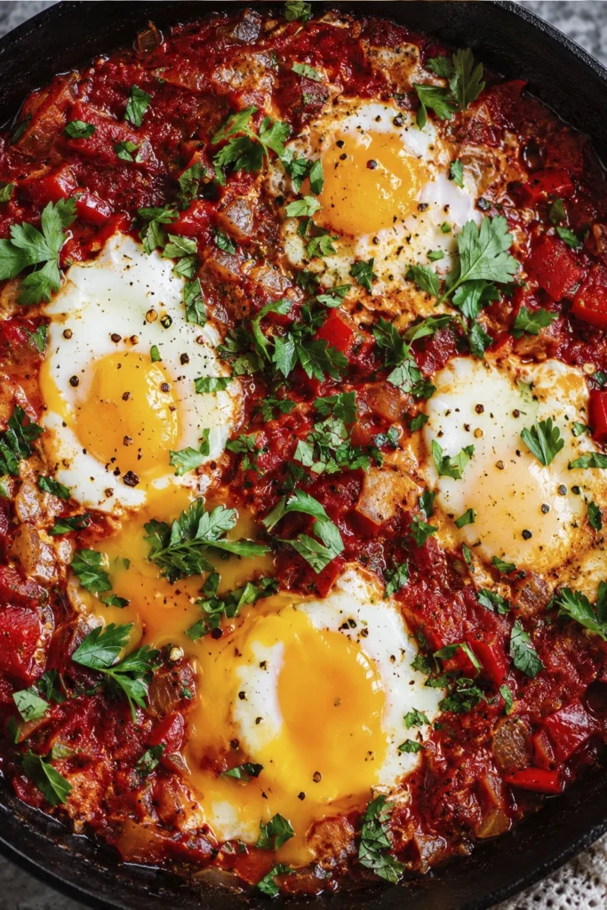 Overhead close-up of shakshuka with perfectly poached eggs in a rich tomato sauce topped with fresh parsley, cilantro, and cracked black pepper.