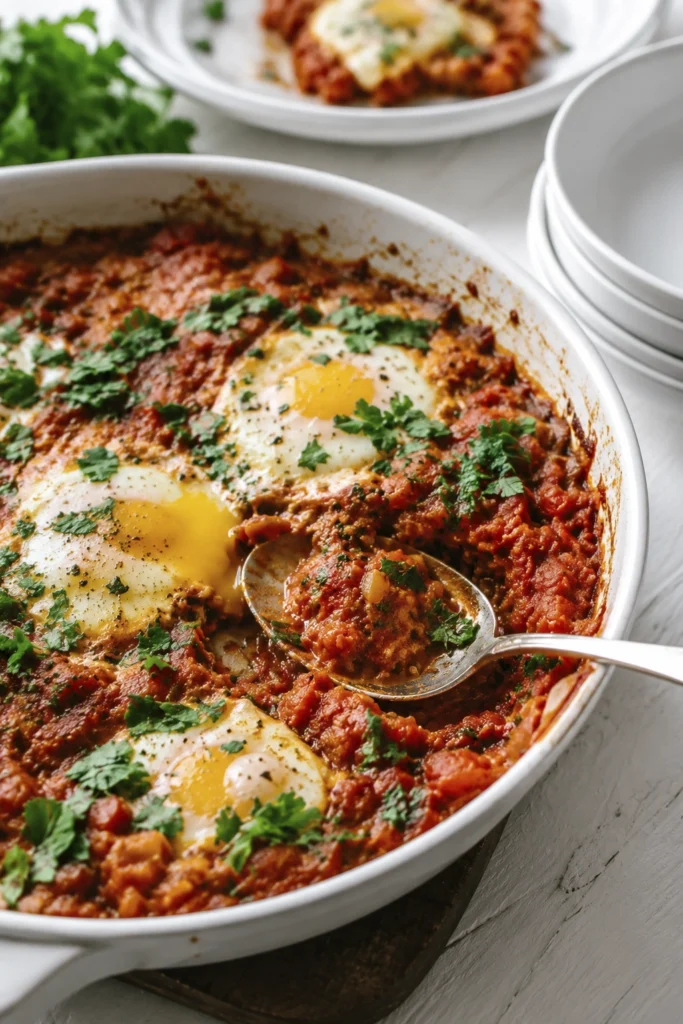 Three-quarter view of homemade shakshuka with poached eggs in a rich tomato sauce, garnished with fresh parsley and served in a white baking dish with a serving spoon.