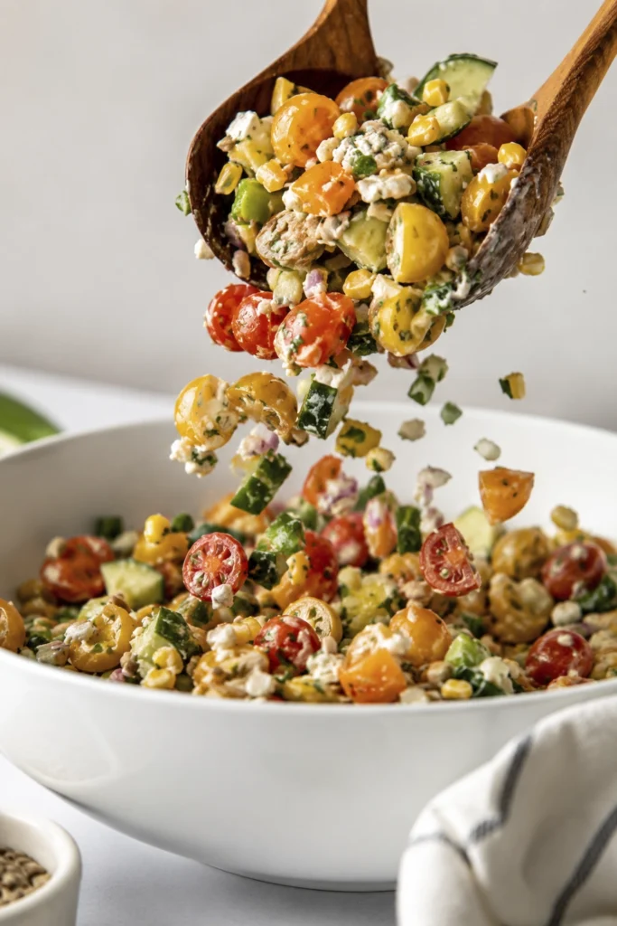 Close-up of a fresh summer chopped salad being tossed with wooden salad servers in a white bowl with cherry tomatoes, cucumber, corn, feta cheese, and sunflower seeds.