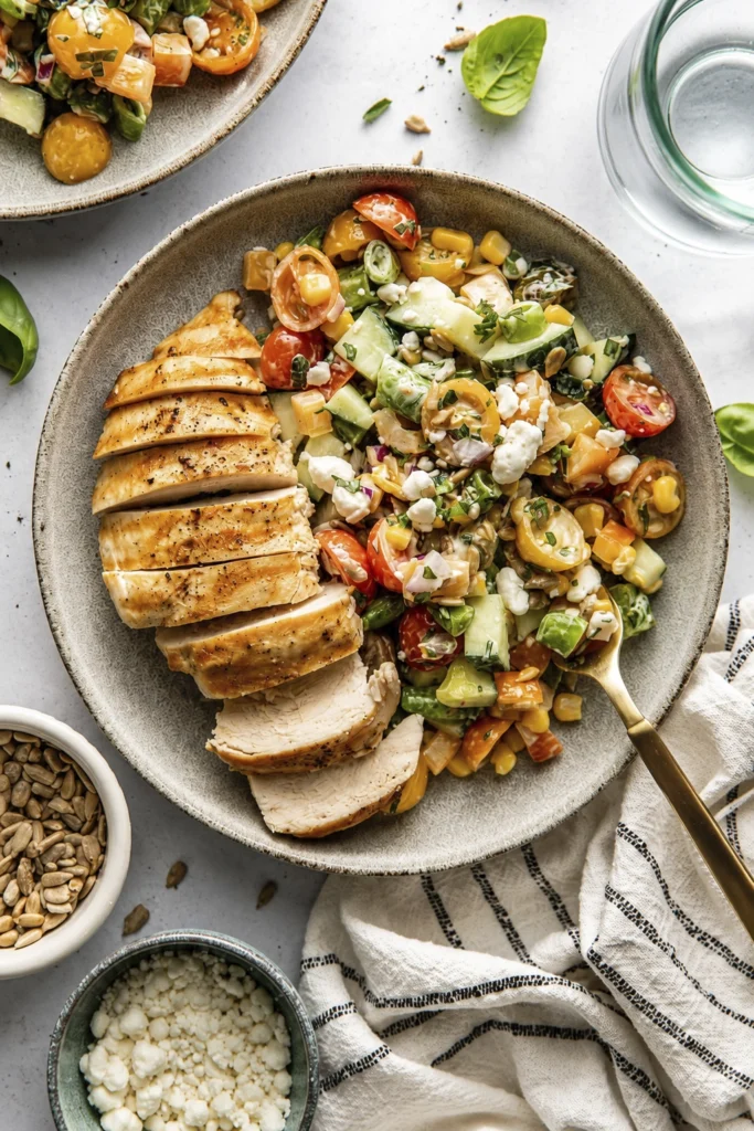 Overhead view of grilled chicken breast served with a fresh chopped salad featuring cherry tomatoes, cucumber, corn, feta cheese, sunflower seeds, and creamy herb dressing.