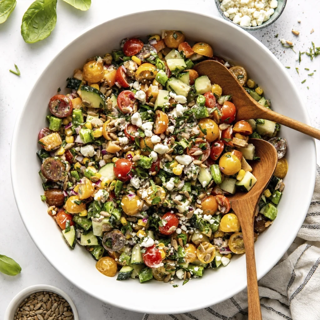Fresh chopped summer vegetable salad with cherry tomatoes, cucumber, corn, feta cheese, sunflower seeds, and fresh herbs served in a white bowl with wooden serving spoons.