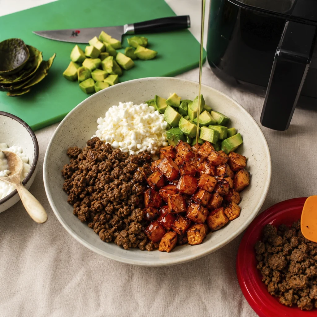 Bowl with roasted sweet potatoes, seasoned ground beef, cottage cheese, avocado, and a drizzle of hot honey