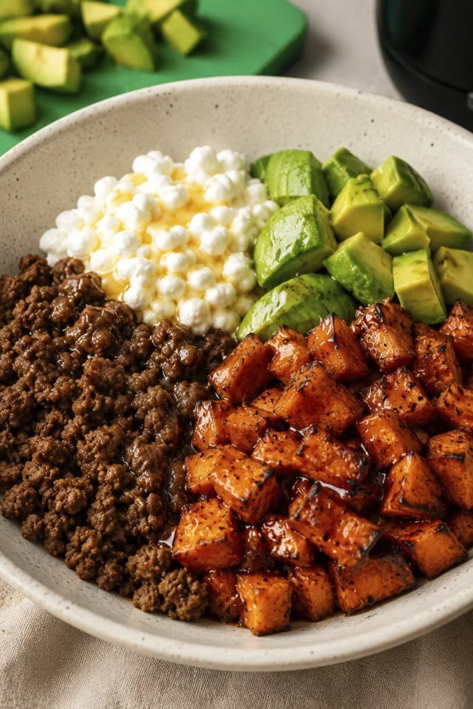 Hot honey being poured over roasted sweet potatoes, ground beef, avocado, and cottage cheese in a serving bowl