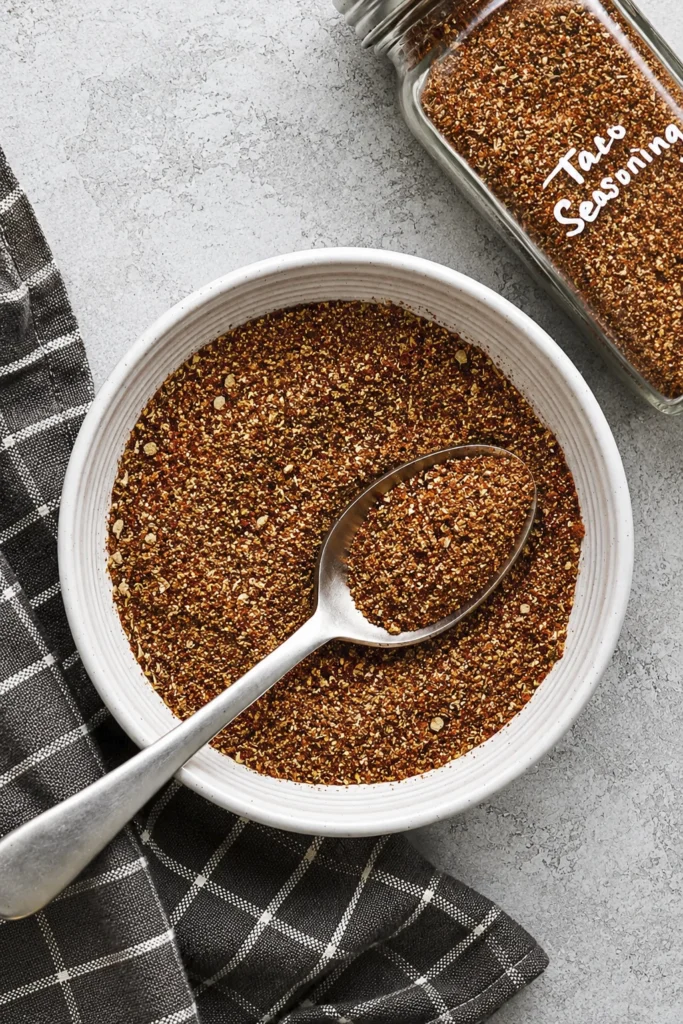 Homemade taco seasoning blend in a white bowl with a spoon and glass spice jar on a gray countertop.