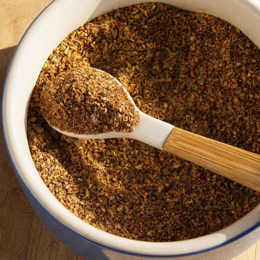 Close-up of homemade taco seasoning in a white ceramic bowl with a bamboo-handled spoon filled with flavorful spice blend.