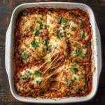 Baked eggplant parmesan casserole with marinara sauce, melted mozzarella, parmesan cheese, and fresh parsley served in a white baking dish.