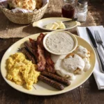 Fresh buttermilk biscuits topped with creamy country gravy and poached eggs served with crispy bacon for breakfast.