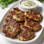 Golden-brown crispy herb-crusted chicken fritters served on a white platter with creamy garlic dipping sauce.