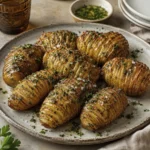 Close-up of crispy garlic herb Hasselback potatoes topped with fresh parsley and crispy sage on a rustic ceramic plate.