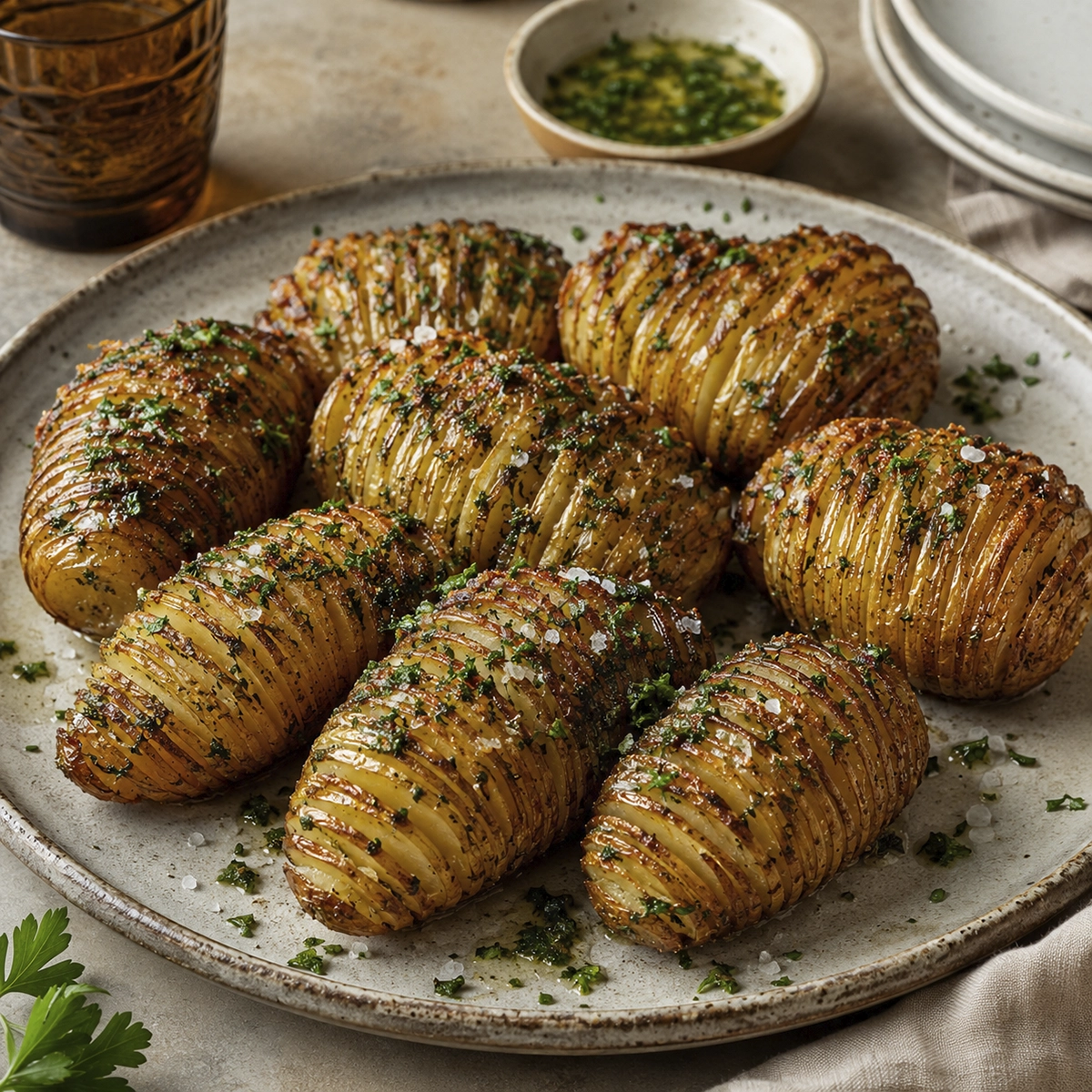 Close-up of crispy garlic herb Hasselback potatoes topped with fresh parsley and crispy sage on a rustic ceramic plate.