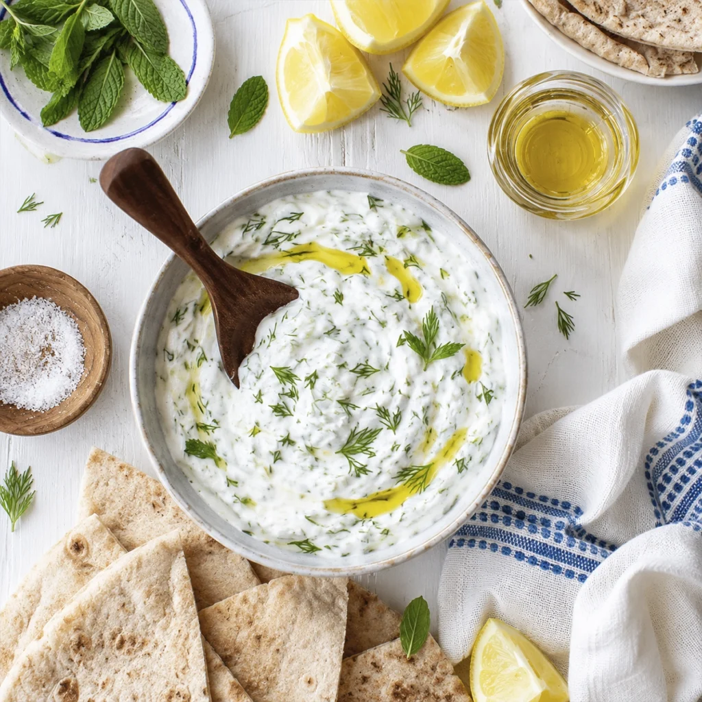 Creamy Greek tzatziki dip topped with olive oil and fresh dill, served with warm pita bread, lemon wedges, mint leaves, and Mediterranean ingredients in a bright rustic flat lay.