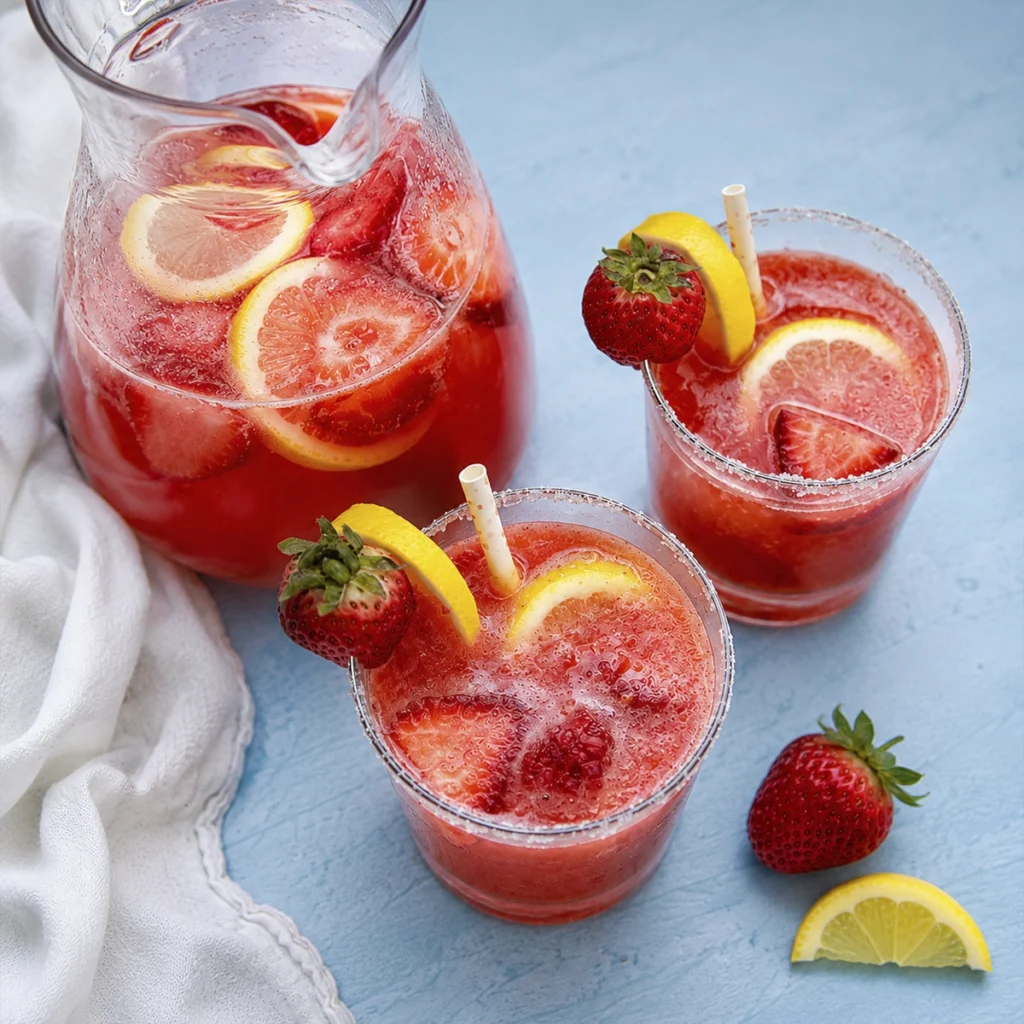 Homemade Strawberry Lemonade Mocktail Served in a Pitcher