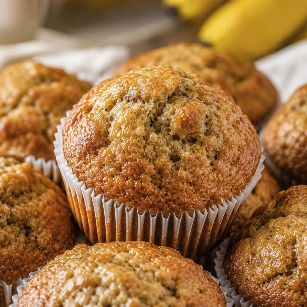 Close-up of freshly baked homemade banana muffins with golden-brown tops stacked in white paper liners.