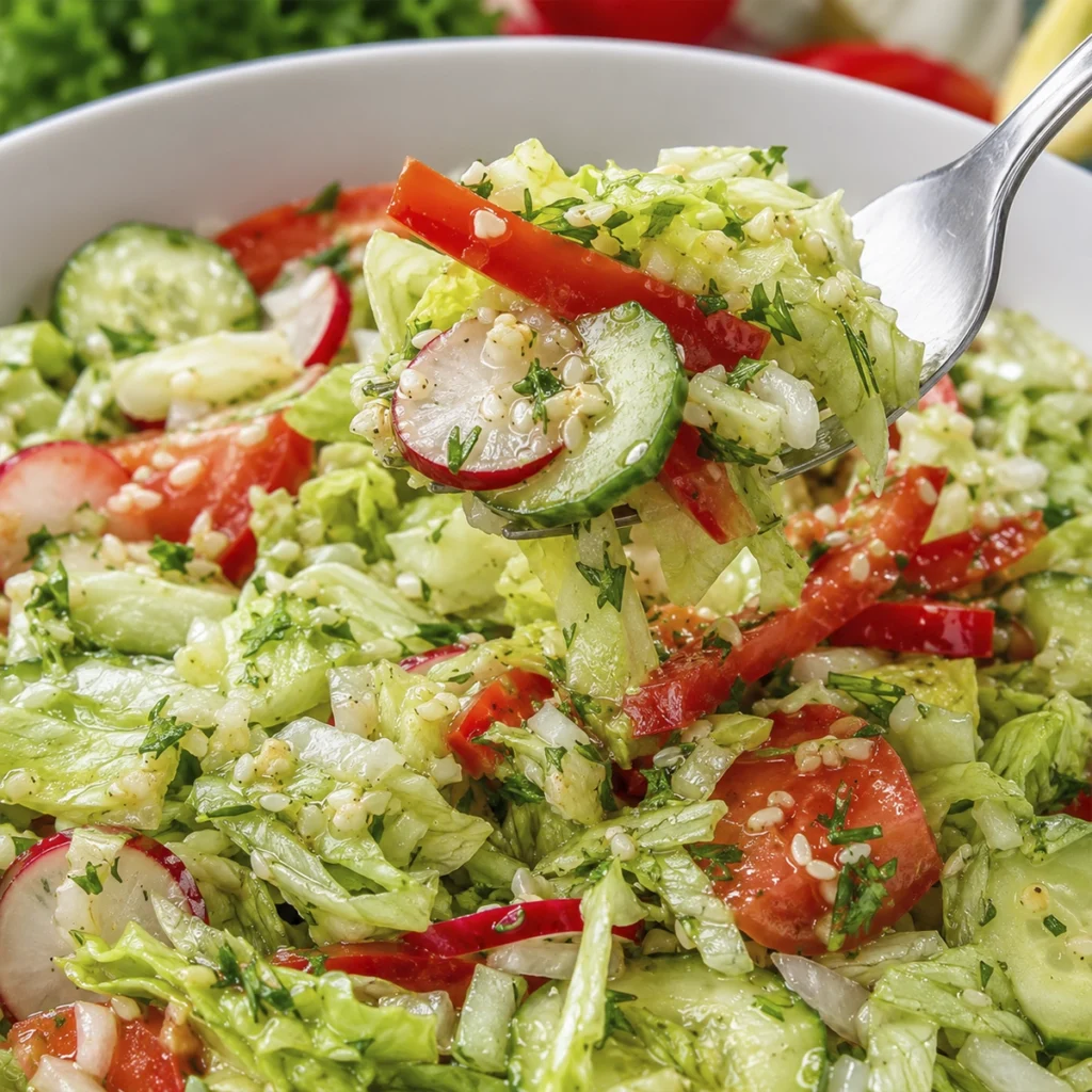 Fork lifting a bite of crisp lettuce, cucumber, tomato, radish, and herbs from a fresh salad