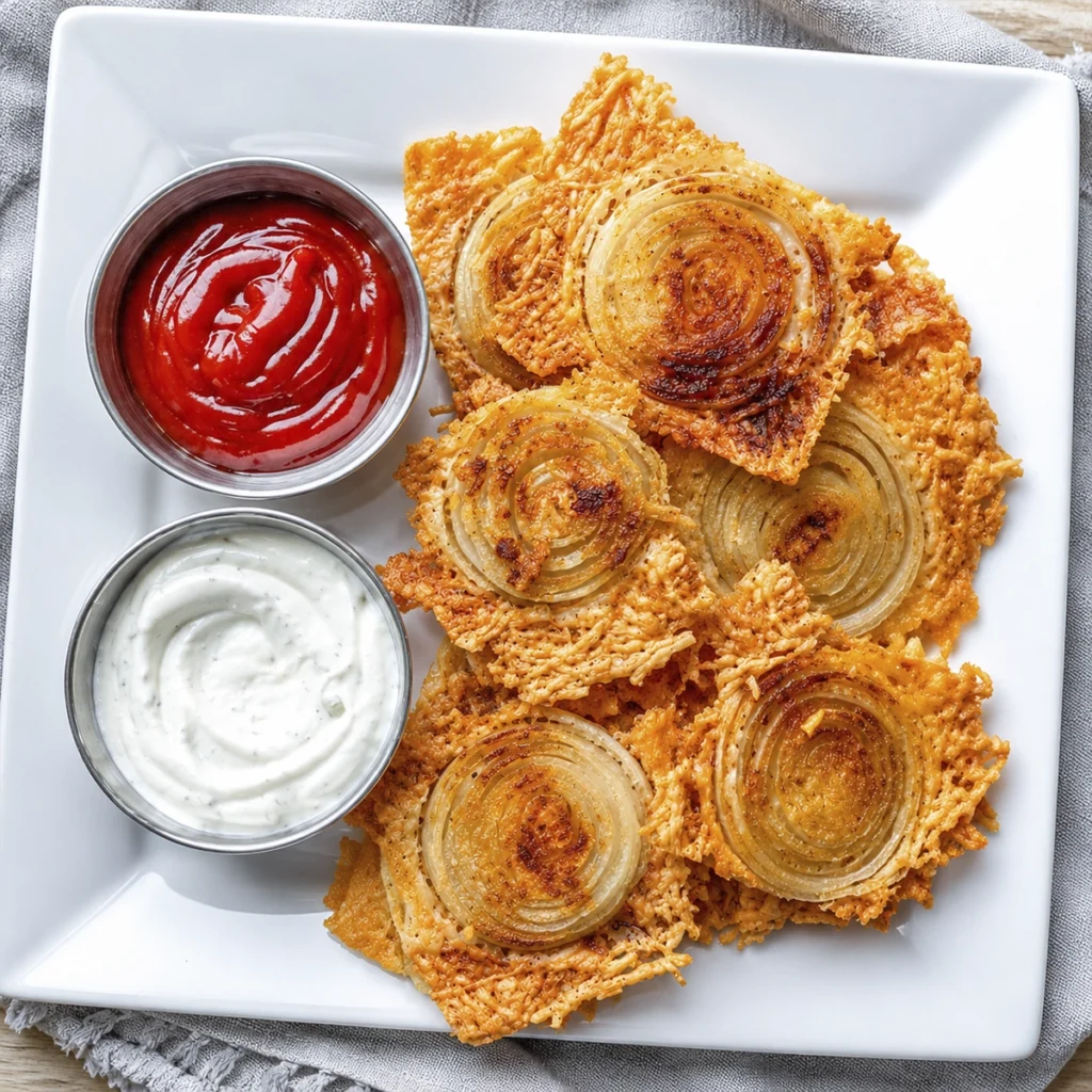 Golden crispy cheddar cheese crisps topped with caramelized onion slices, served on a white plate with ketchup and ranch dipping sauces.