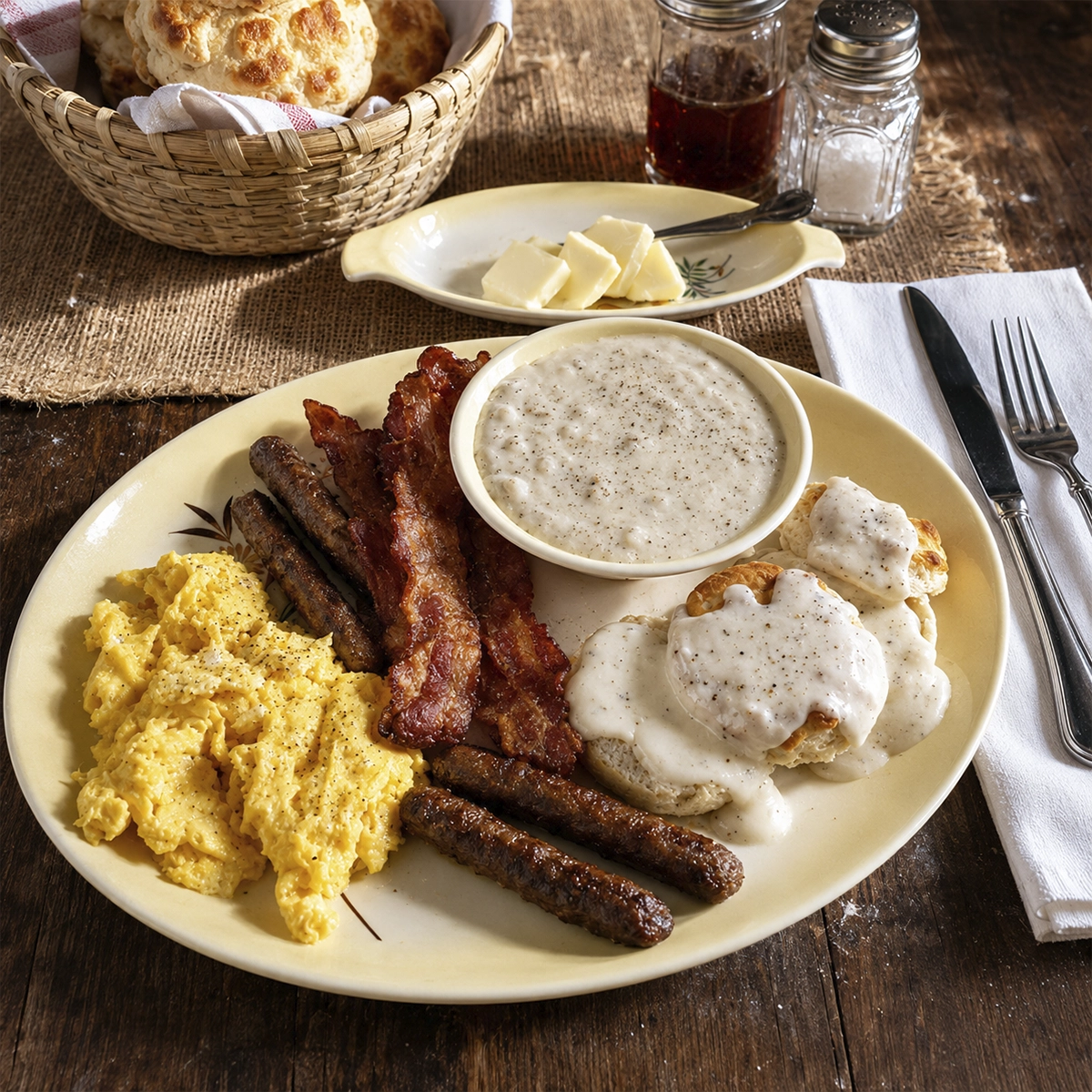 Fresh buttermilk biscuits topped with creamy country gravy and poached eggs served with crispy bacon for breakfast.