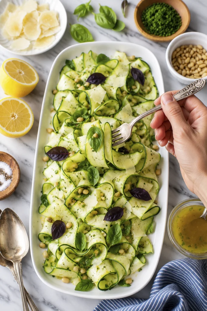 Fresh zucchini ribbon salad with basil, mint, toasted pine nuts, and lemon vinaigrette served on a white platter.