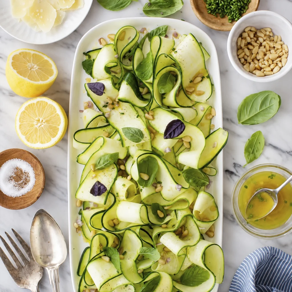 Overhead view of a fresh zucchini ribbon salad with basil, toasted pine nuts, lemon vinaigrette, and Parmesan on a white serving platter.