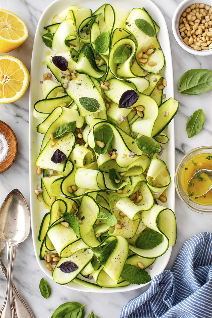 Top-down view of a fresh zucchini ribbon salad with basil, toasted pine nuts, lemon vinaigrette, and shaved Parmesan served on a white platter.