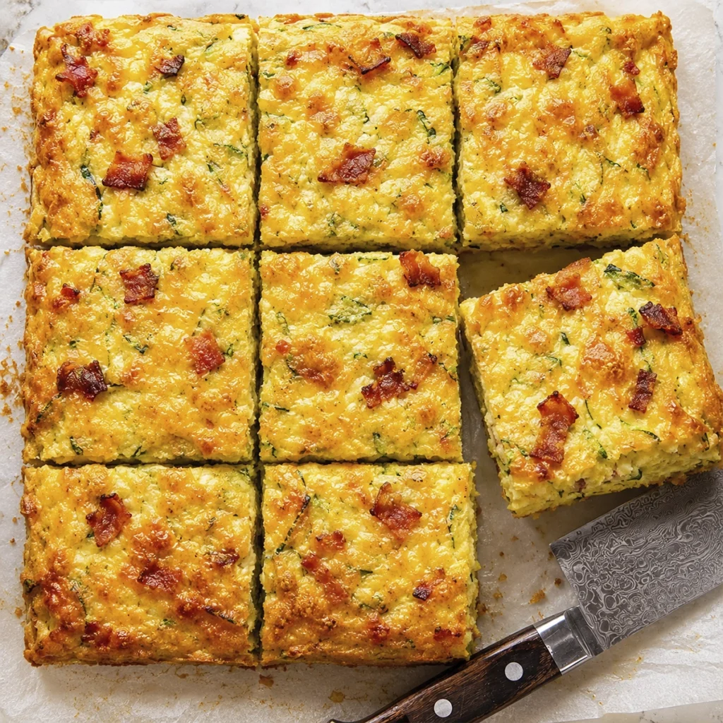 Golden baked zucchini breakfast casserole cut into squares with cheddar cheese, bacon, and fluffy eggs on a baking tray.