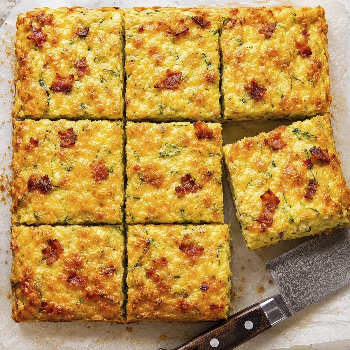 Golden baked zucchini breakfast casserole cut into squares with cheddar cheese, bacon, and fluffy eggs on a baking tray.