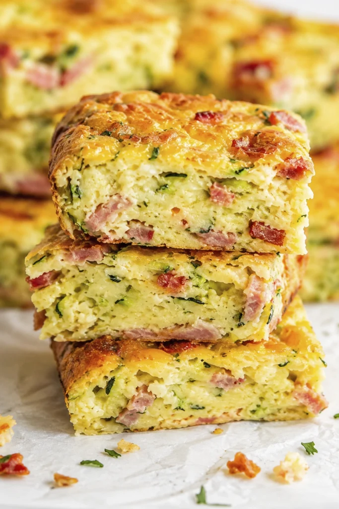 Stacked zucchini breakfast squares with ham, bacon, eggs, and melted cheddar cheese on parchment paper.