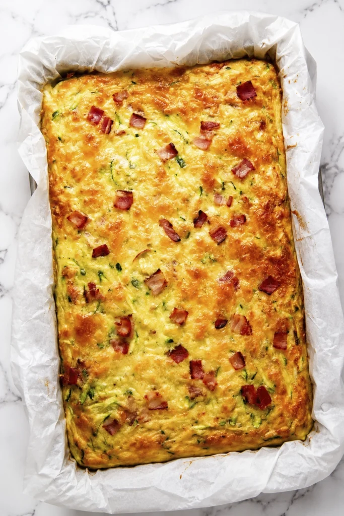 Top-down view of a cheesy zucchini breakfast casserole baked with bacon and cheddar cheese in a parchment-lined baking pan.